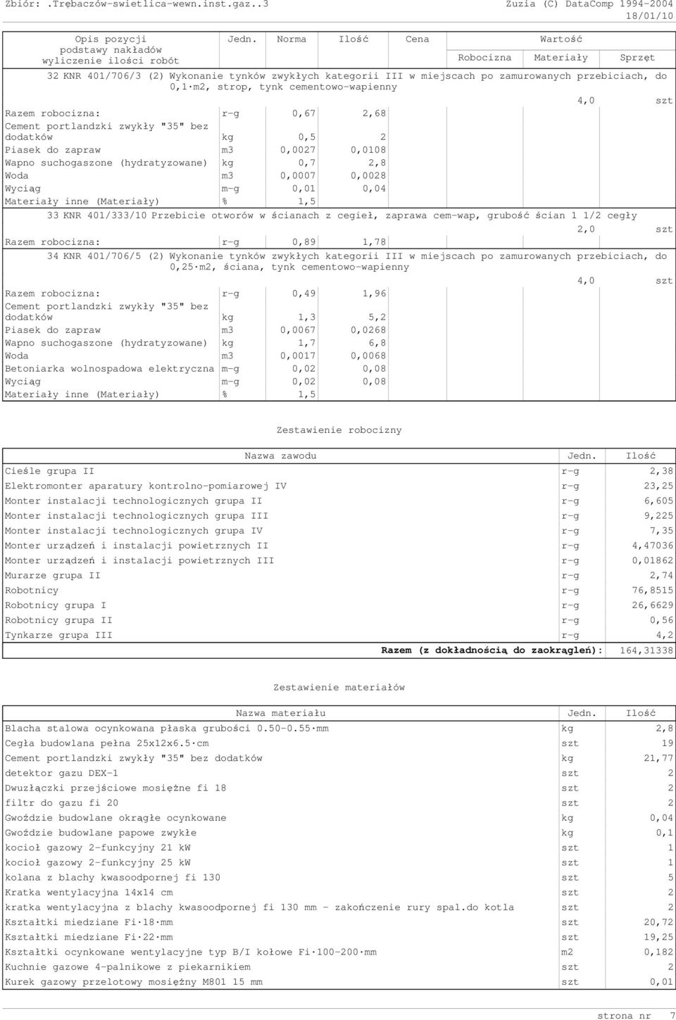 grubość ścian 1 1/2 cegły 2,0 szt Razem robocizna: r-g 0,89 1,78 34 KNR 401/706/5 Wykonanie tynków zwykłych kategorii III w miejscach po zamurowanych przebiciach, do 0,25 m2, ściana, tynk