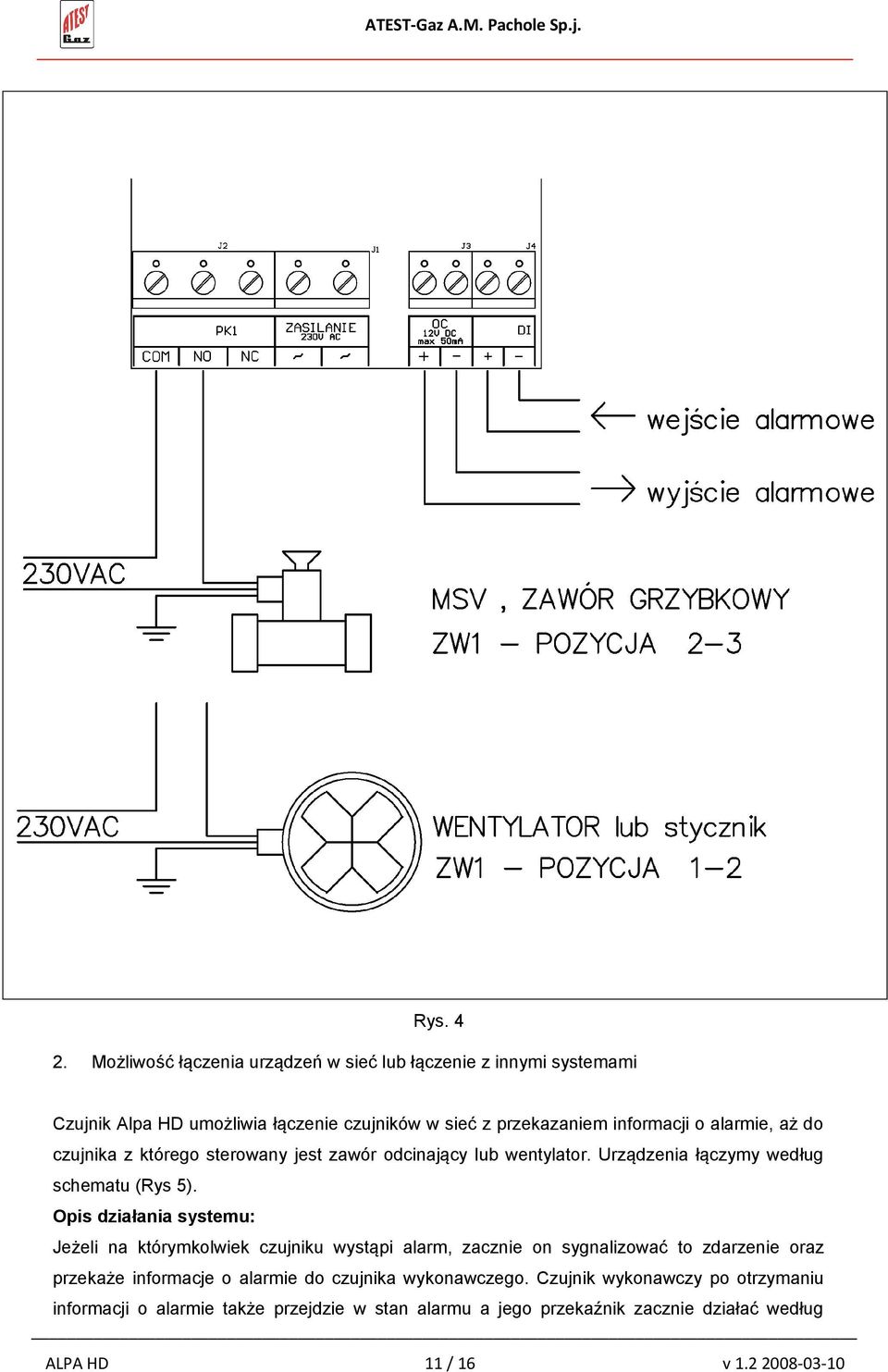 alarmie, aż do czujnika z którego sterowany jest zawór odcinający lub wentylator. Urządzenia łączymy według schematu (Rys 5).