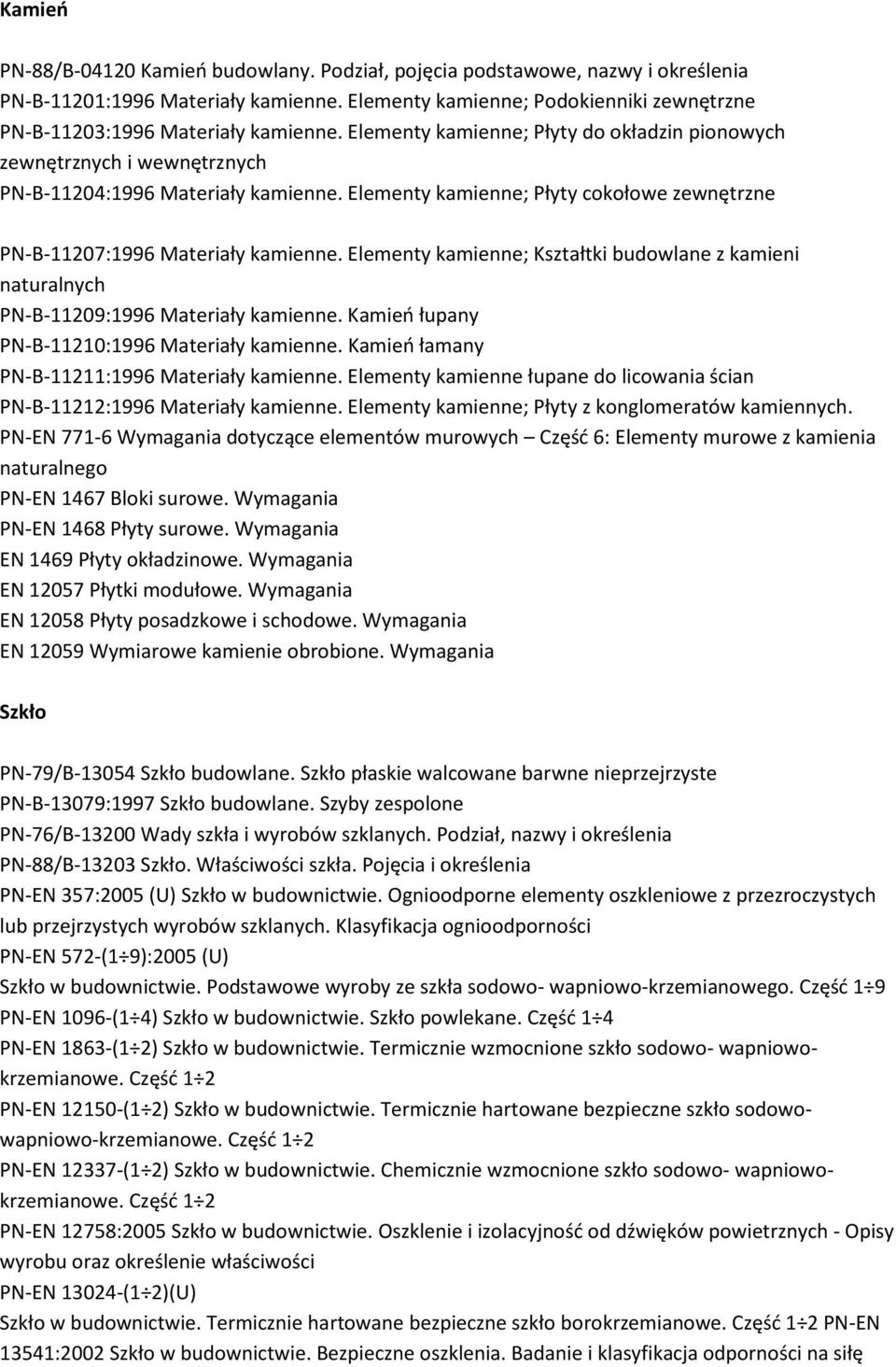 Elementy kamienne; Płyty cokołowe zewnętrzne PN-B-11207:1996 Materiały kamienne. Elementy kamienne; Kształtki budowlane z kamieni naturalnych PN-B-11209:1996 Materiały kamienne.