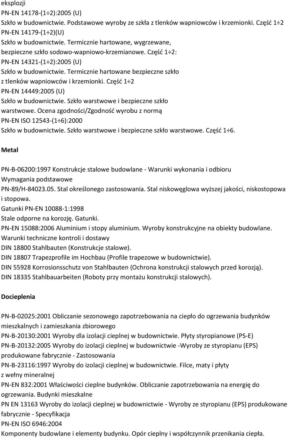 Termicznie hartowane bezpieczne szkło z tlenków wapniowców i krzemionki. Częśd 1 2 PN-EN 14449:2005 (U) Szkło w budownictwie. Szkło warstwowe i bezpieczne szkło warstwowe.