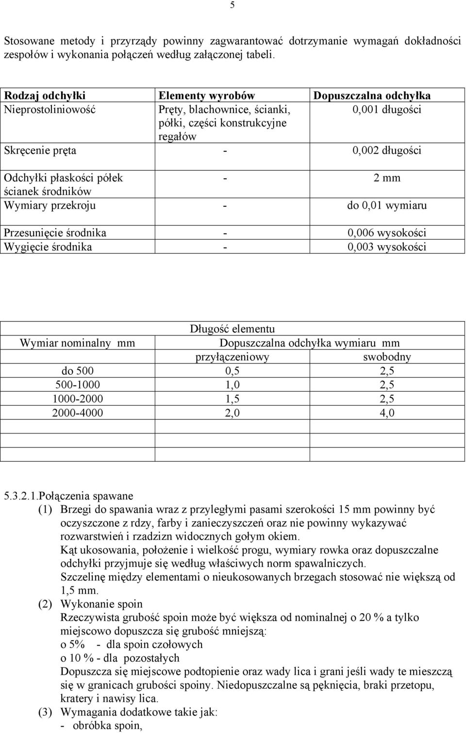 płaskości półek - 2 mm ścianek środników Wymiary przekroju - do 0,01 wymiaru Przesunięcie środnika - 0,006 wysokości Wygięcie środnika - 0,003 wysokości Długość elementu Wymiar nominalny mm