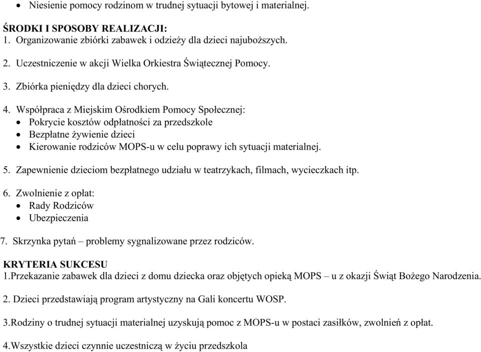 Współpraca z Miejskim Ośrodkiem Pomocy Społecznej: Pokrycie kosztów odpłatności za przedszkole Bezpłatne Ŝywienie dzieci Kierowanie rodziców MOPS-u w celu poprawy ich sytuacji materialnej. 5.