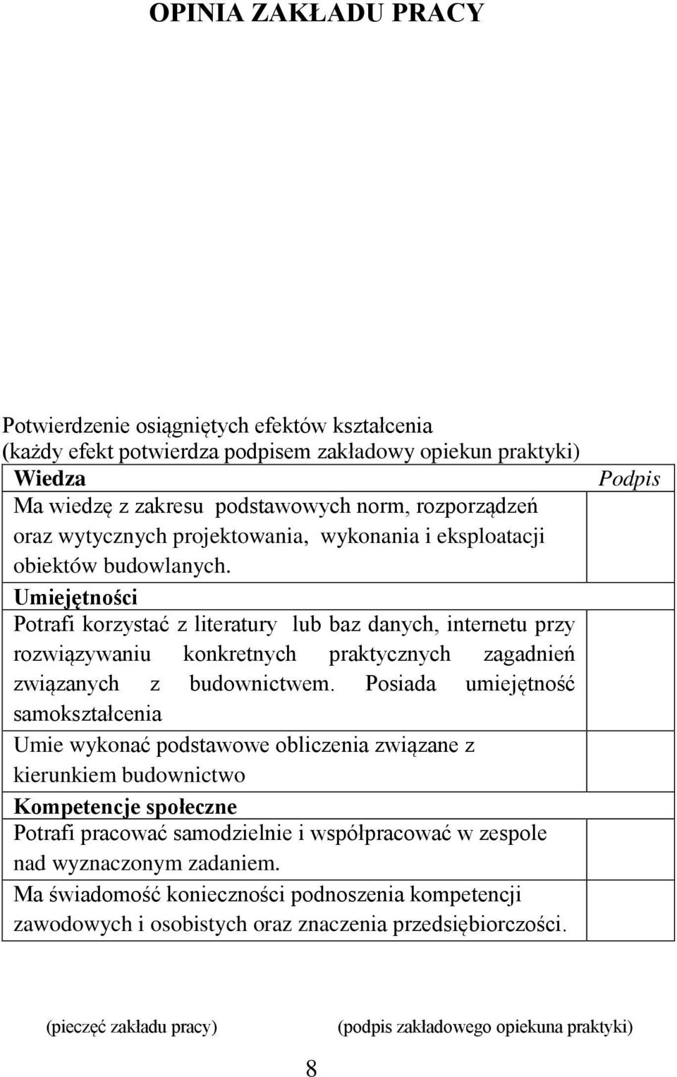 Umiejętności Potrafi korzystać z literatury lub baz danych, internetu przy rozwiązywaniu konkretnych praktycznych zagadnień związanych z budownictwem.