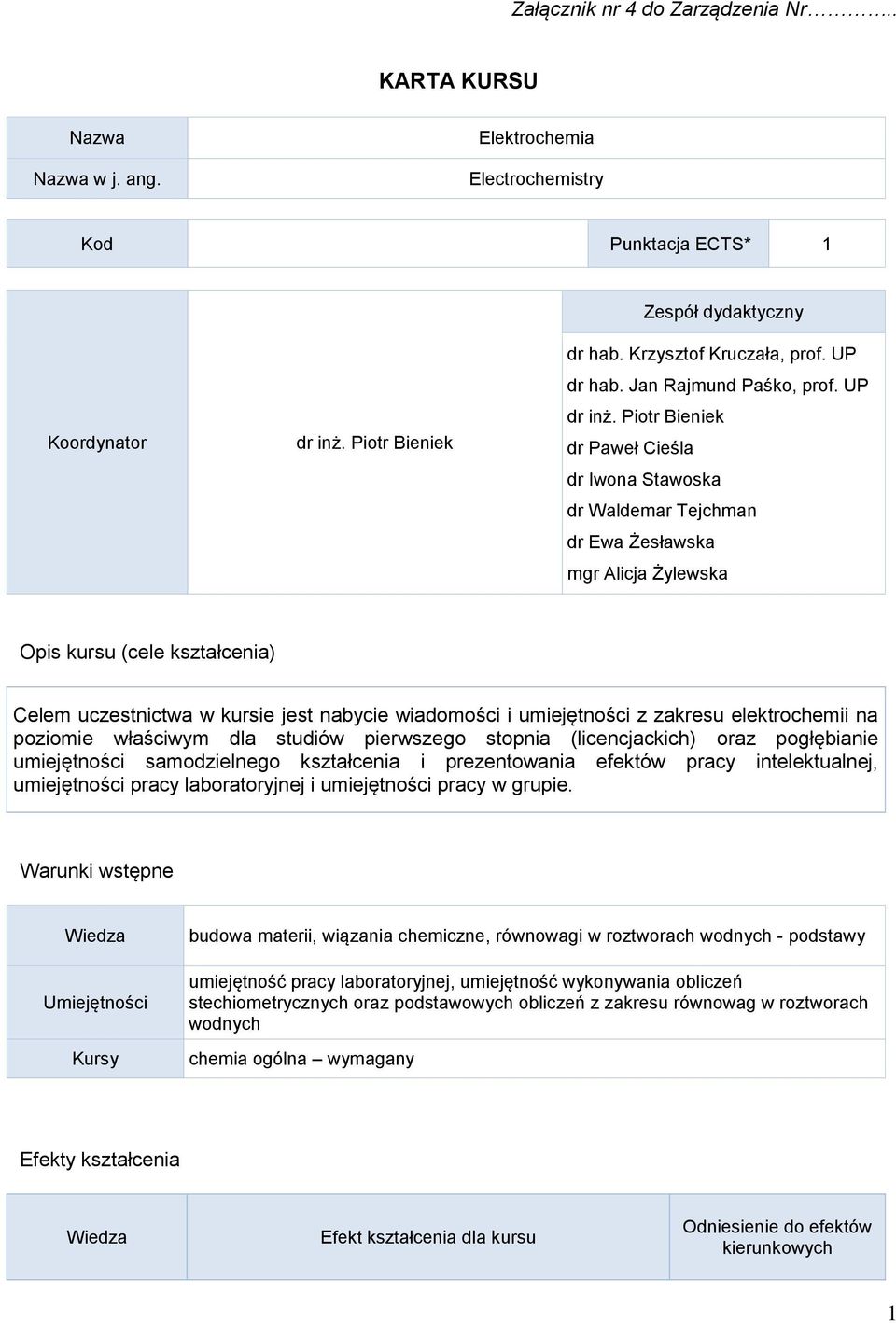 Piotr Bieniek dr Paweł Cieśla dr Iwona Stawoska dr Waldemar Tejchman dr Ewa Żesławska mgr Alicja Żylewska Opis kursu (cele kształcenia) Celem uczestnictwa w kursie jest nabycie wiadomości i