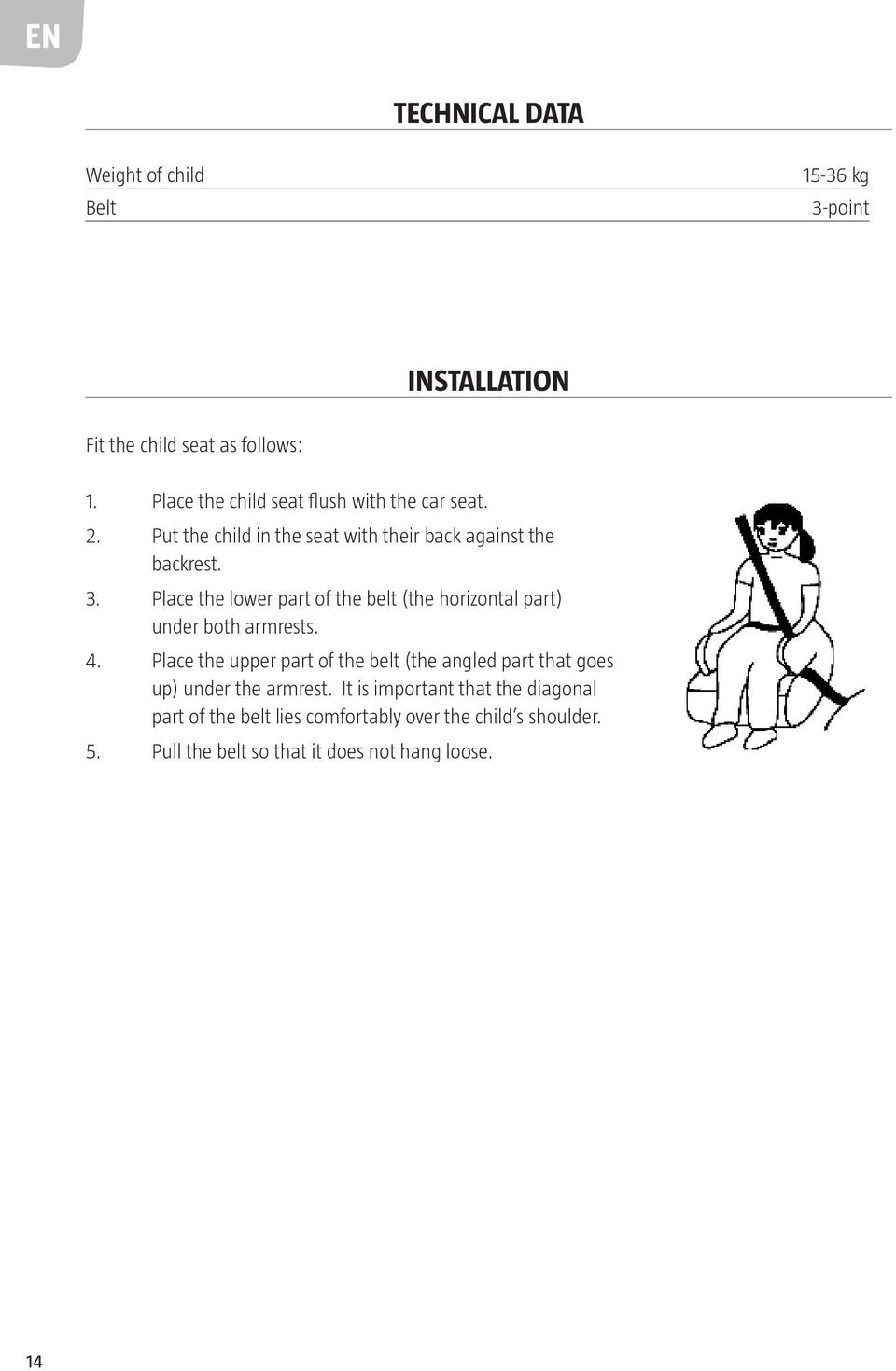 Place the lower part of the belt (the horizontal part) under both armrests. 4.