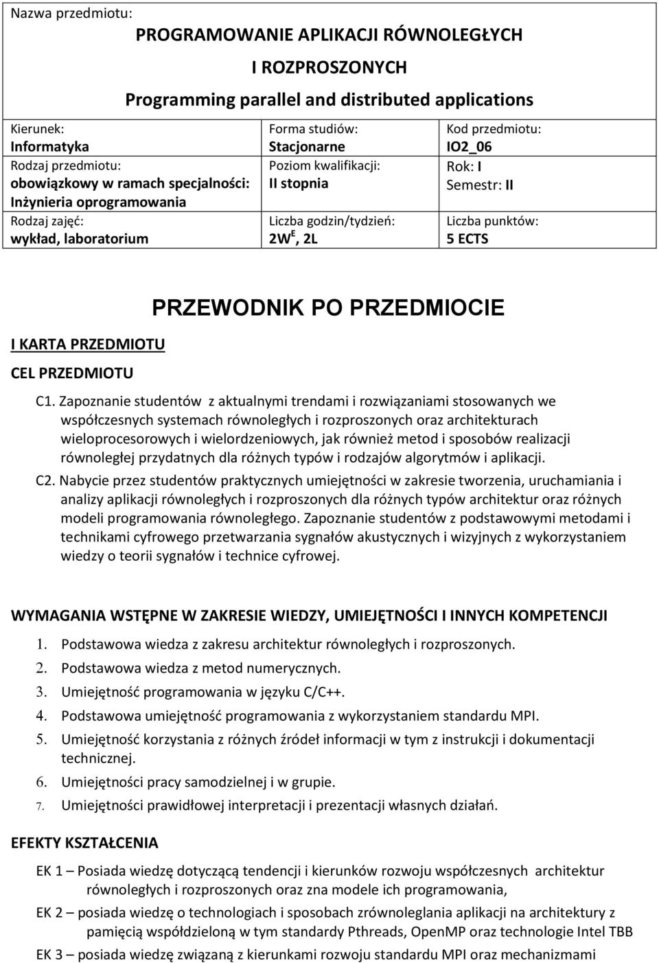 ECTS I KARTA PRZEDMIOTU CEL PRZEDMIOTU PRZEWODNIK PO PRZEDMIOCIE C1.