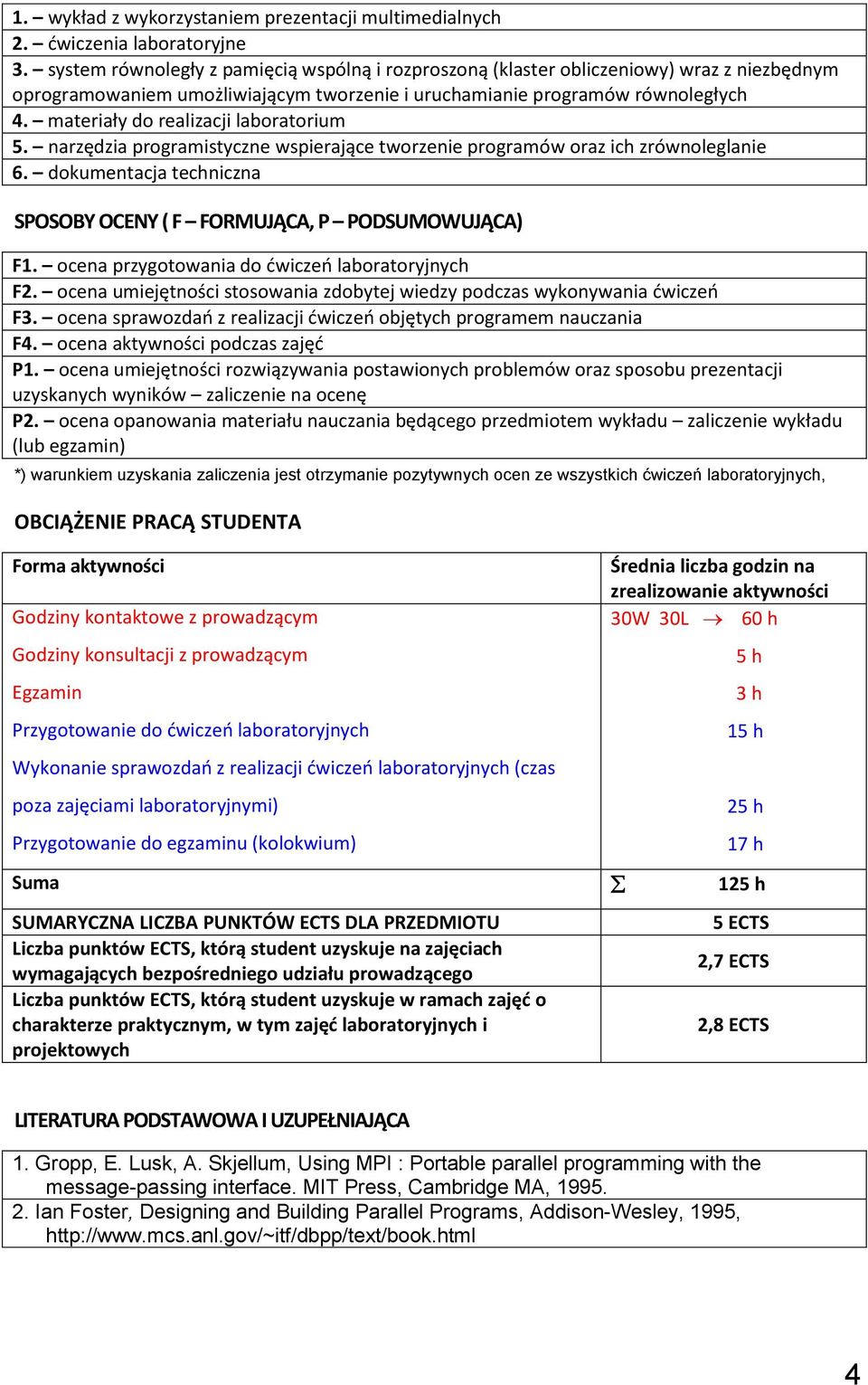 materiały do realizacji laboratorium 5. narzędzia programistyczne wspierające tworzenie programów oraz ich zrównoleglanie 6. dokumentacja techniczna SPOSOBY OCENY ( F FORMUJĄCA, P PODSUMOWUJĄCA).