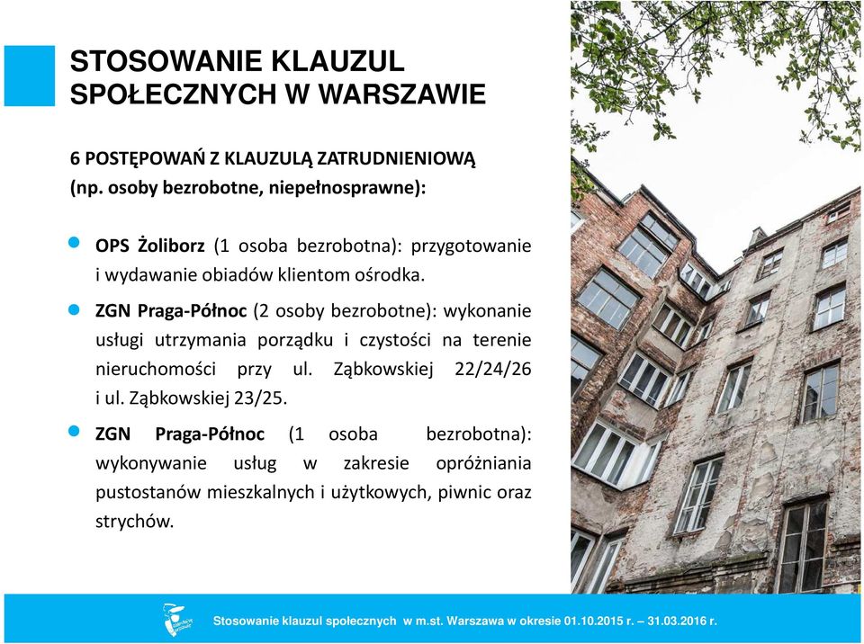 ZGN Praga-Północ (2 osoby bezrobotne): wykonanie usługi utrzymania porządku i czystości na terenie nieruchomości przy ul.
