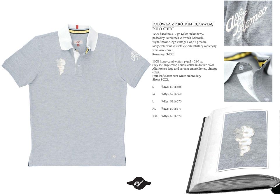 Dettaglio del quadrifoglio ricamato in colore ecrù. Mały Taglie emblemat S-XXL w kształcie czterolistnej koniczyny w kolorze ecru. Rozmiary: 100% honeycomb S-XXL cotton piqué 210 gr.