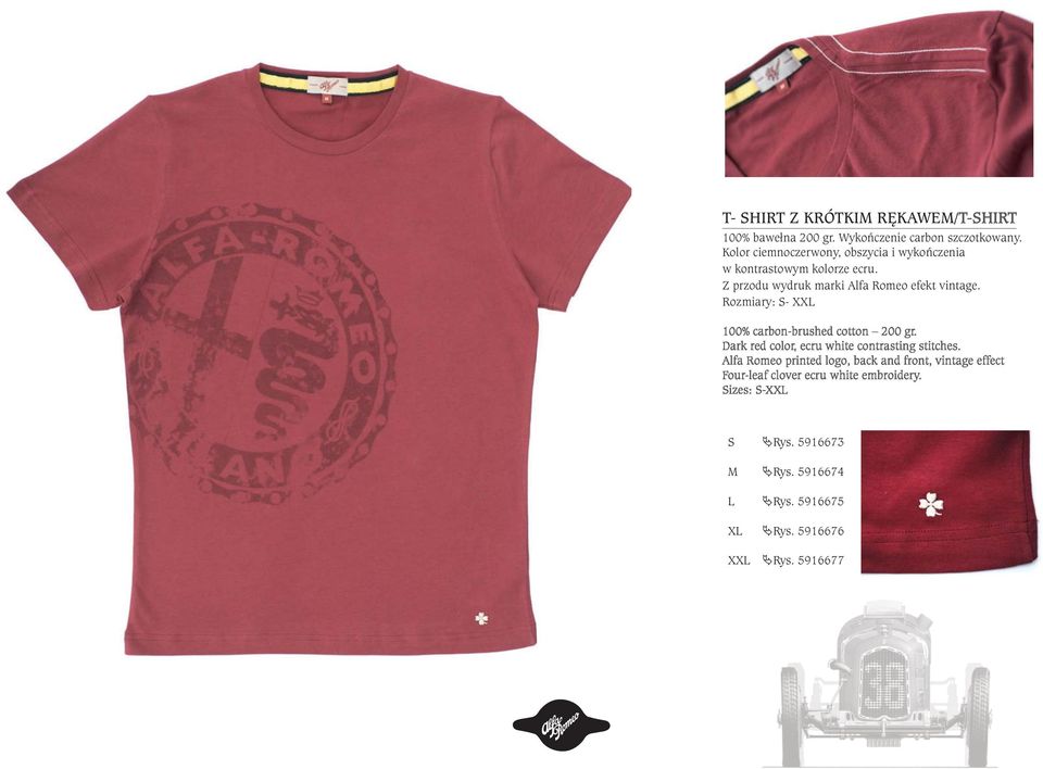 Z Stampe przodu fronte wydruk marchio marki Alfa Romeo effetto efekt vintage. Rozmiary: Dettaglio del S- XXL quadrifoglio ricamato in colore ecrù.