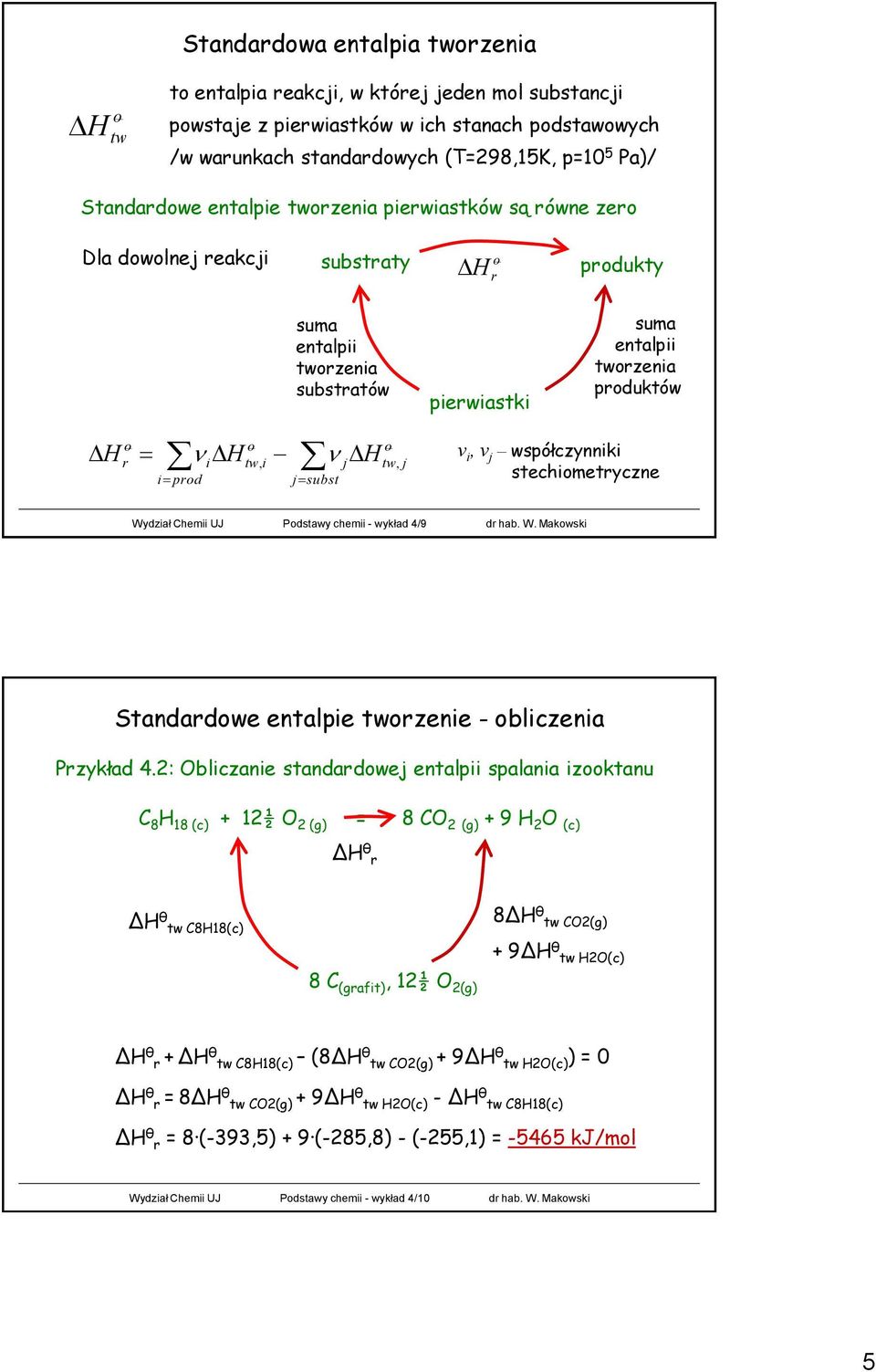 współczynniki stechimetryczne Wydział Chemii UJ Pdstawy chemii - wykład 4/9 dr hab. W. Makwski Standardwe entalpie twrzenie - bliczenia Przykład 4.