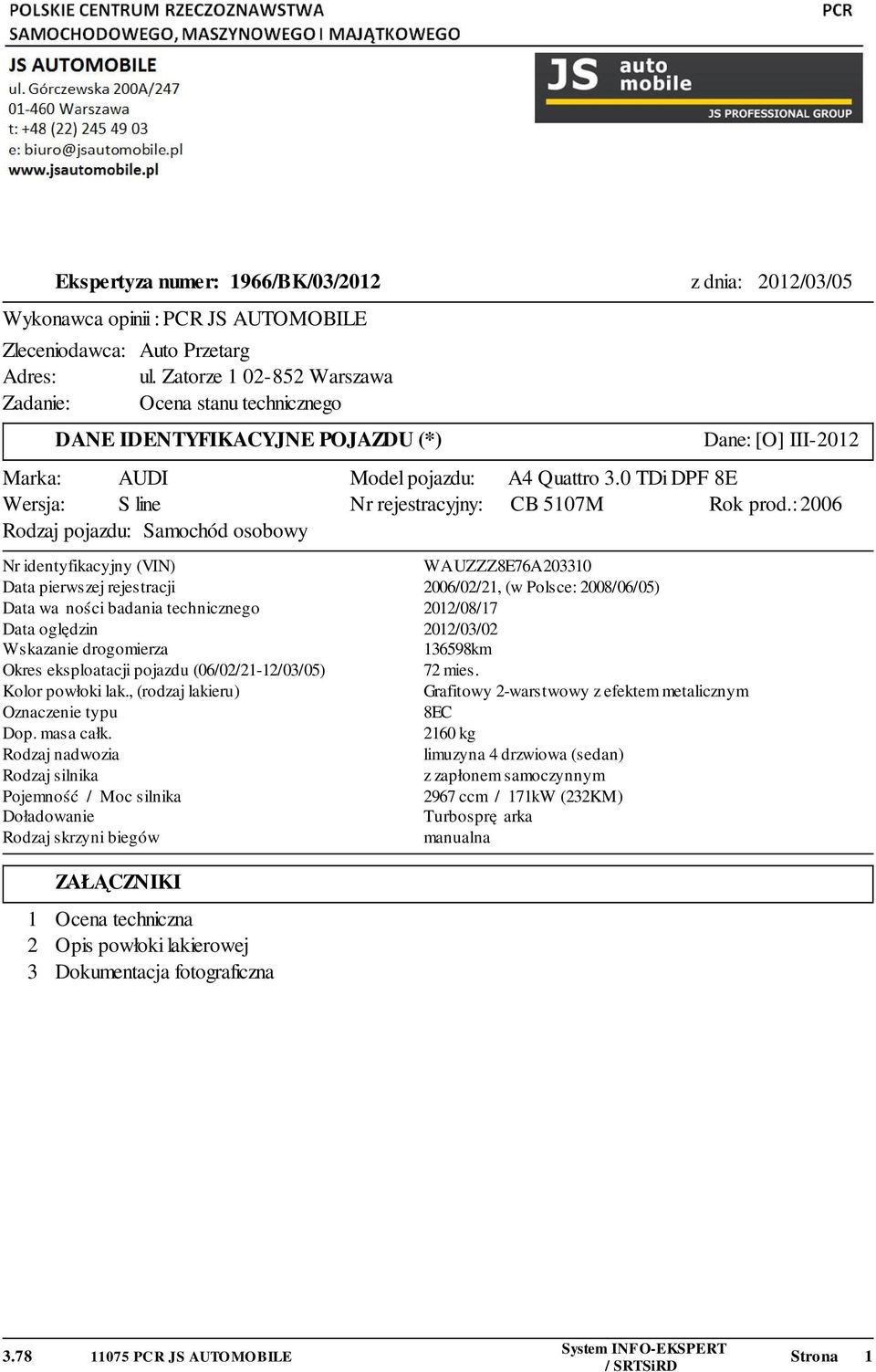 rejestracji Data ważności badania technicznego Data oględzin Wskazanie drogomierza Okres eksploatacji pojazdu (06/02/21-12/03/05) Kolor powłoki lak., (rodzaj lakieru) Oznaczenie typu Dop. masa całk.