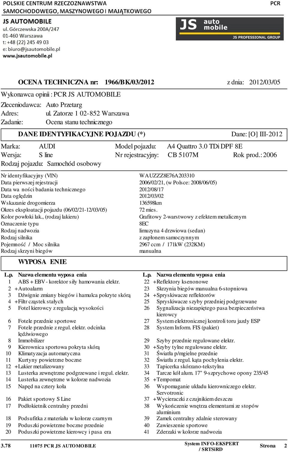 identyfikacyjny (VIN) Data pierwszej rejestracji Data ważności badania technicznego Data oględzin Wskazanie drogomierza Okres eksploatacji pojazdu (06/02/21-12/03/05) Kolor powłoki lak.