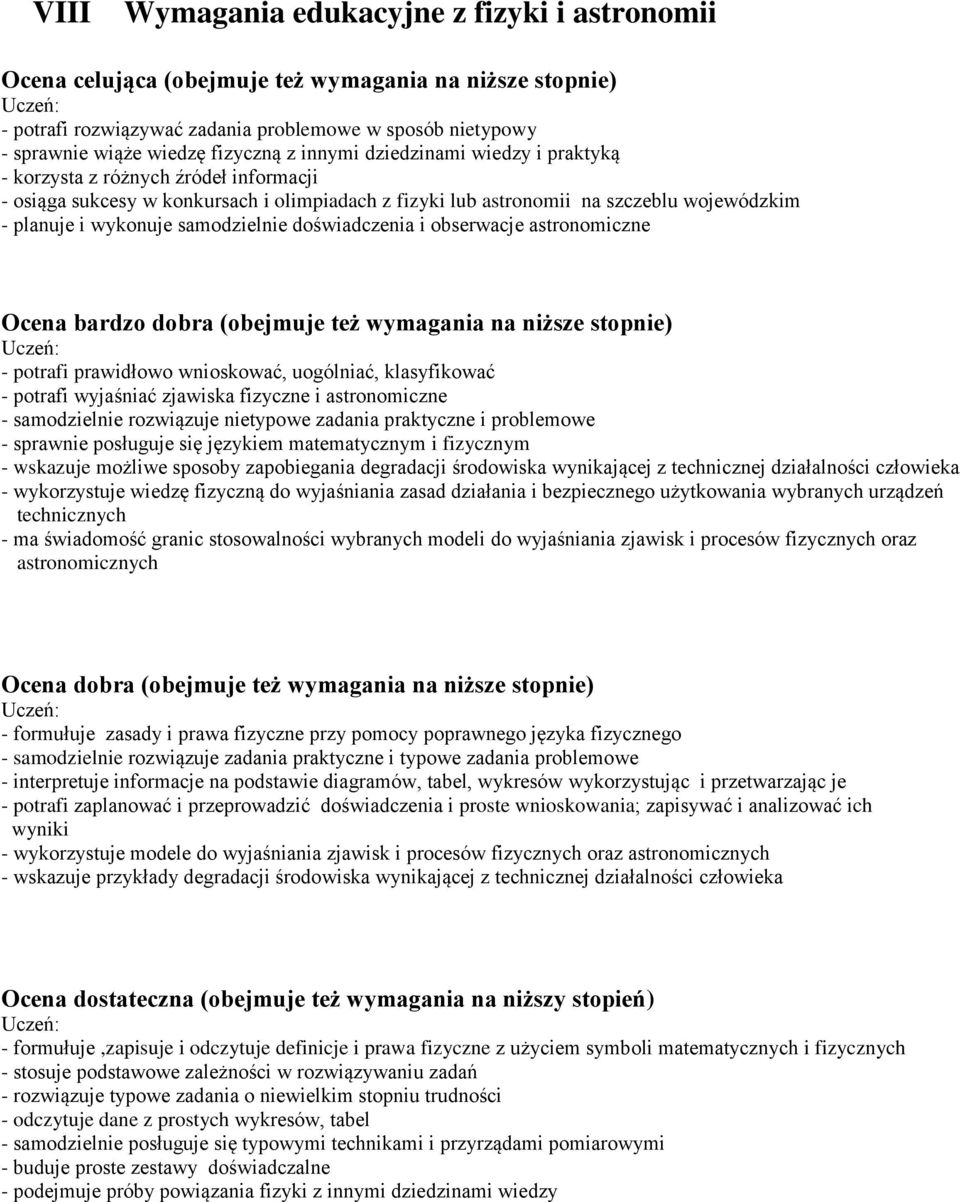 samodzielnie doświadczenia i obserwacje astronomiczne Ocena bardzo dobra (obejmuje też wymagania na niższe stopnie) - potrafi prawidłowo wnioskować, uogólniać, klasyfikować - potrafi wyjaśniać