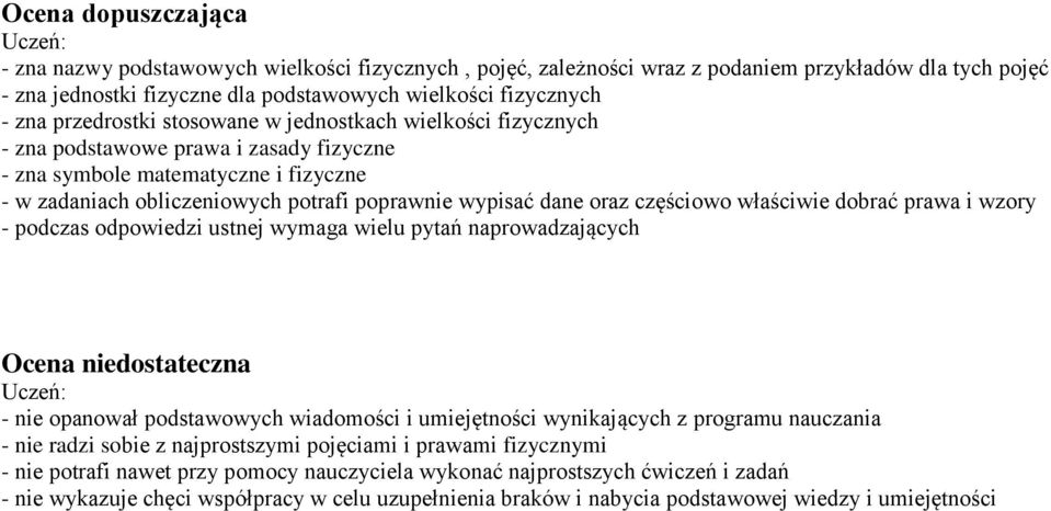 oraz częściowo właściwie dobrać prawa i wzory - podczas odpowiedzi ustnej wymaga wielu pytań naprowadzających Ocena niedostateczna - nie opanował podstawowych wiadomości i umiejętności wynikających z