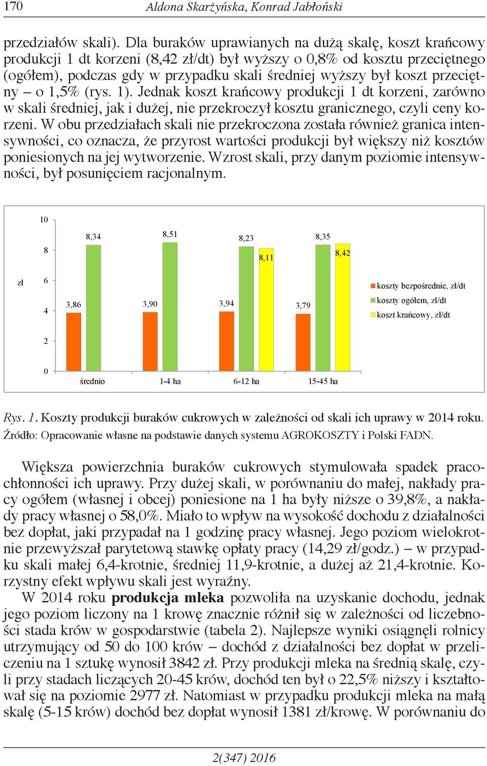 przeciętny o 1,5% (rys. 1). Jednak koszt krańcowy produkcji 1 dt korzeni, zarówno w skali średniej, jak i dużej, nie przekroczył kosztu granicznego, czyli ceny korzeni.