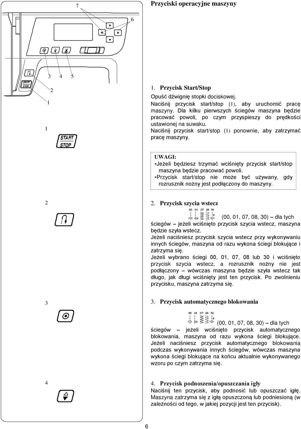 UWAGI: Jeżeli będziesz trzymać wciśnięty przycisk start/stop maszyna będzie pracować powoli. Przycisk start/stop nie może być używany, gdy rozrusznik nożny jest podłączony do maszyny.