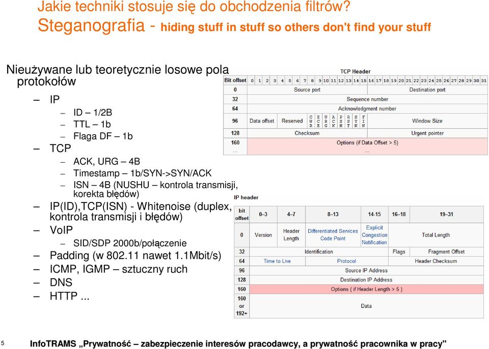 IP ID 1/2B TTL 1b Flaga DF 1b TCP ACK, URG 4B Timestamp 1b/SYN->SYN/ACK ISN 4B (NUSHU kontrola transmisji, korekta