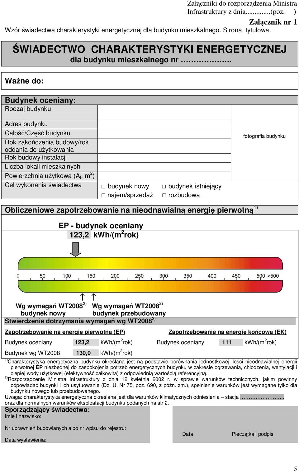 . WaŜne do: Budynek oceniany: Rodzaj budynku Adres budynku Całość/Część budynku Rok zakończenia budowy/rok oddania do uŝytkowania Rok budowy instalacji Liczba lokali mieszkalnych Powierzchnia