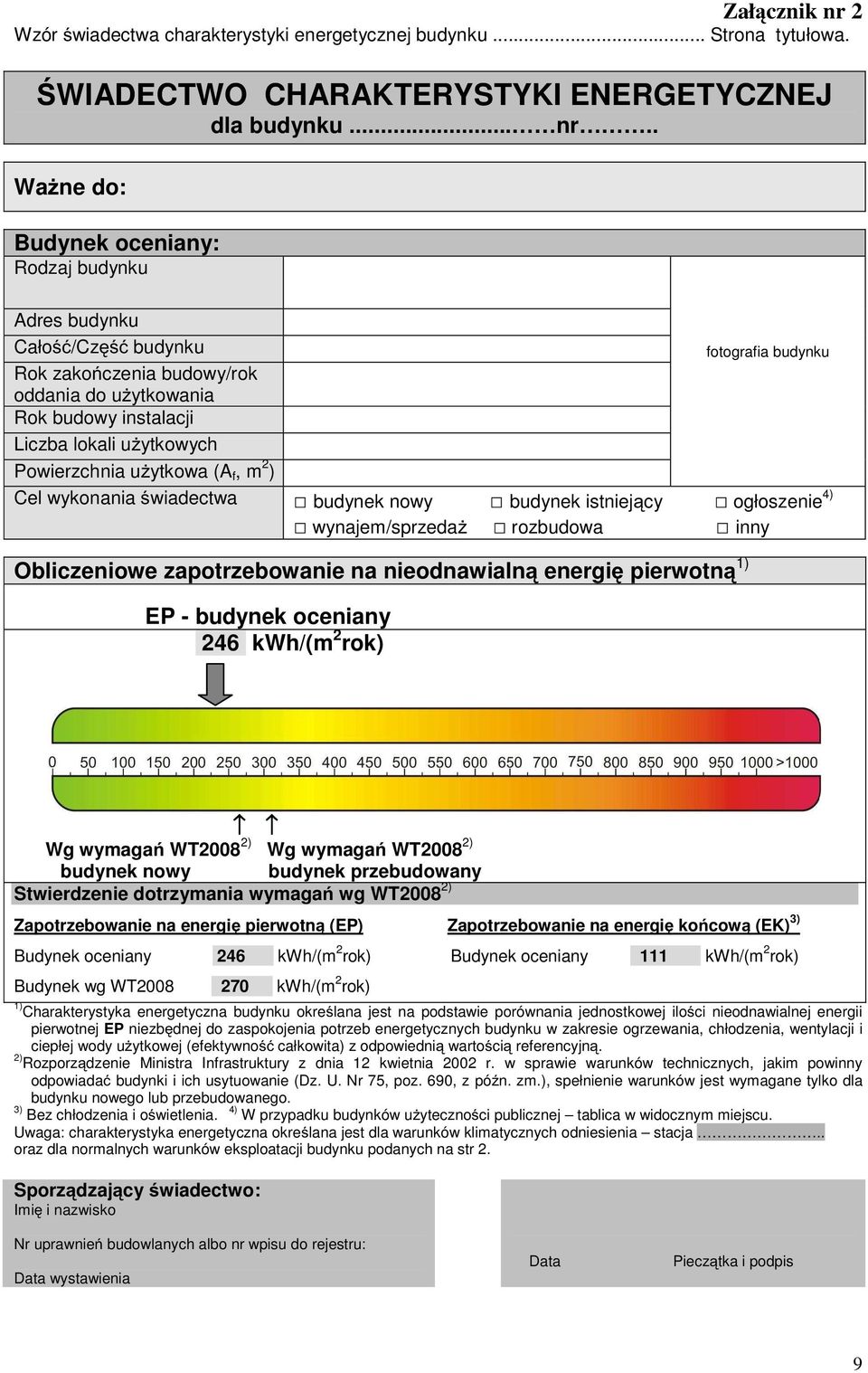 . WaŜne do: Budynek oceniany: Rodzaj budynku Adres budynku Całość/Część budynku Rok zakończenia budowy/rok oddania do uŝytkowania Rok budowy instalacji Liczba lokali uŝytkowych Powierzchnia uŝytkowa