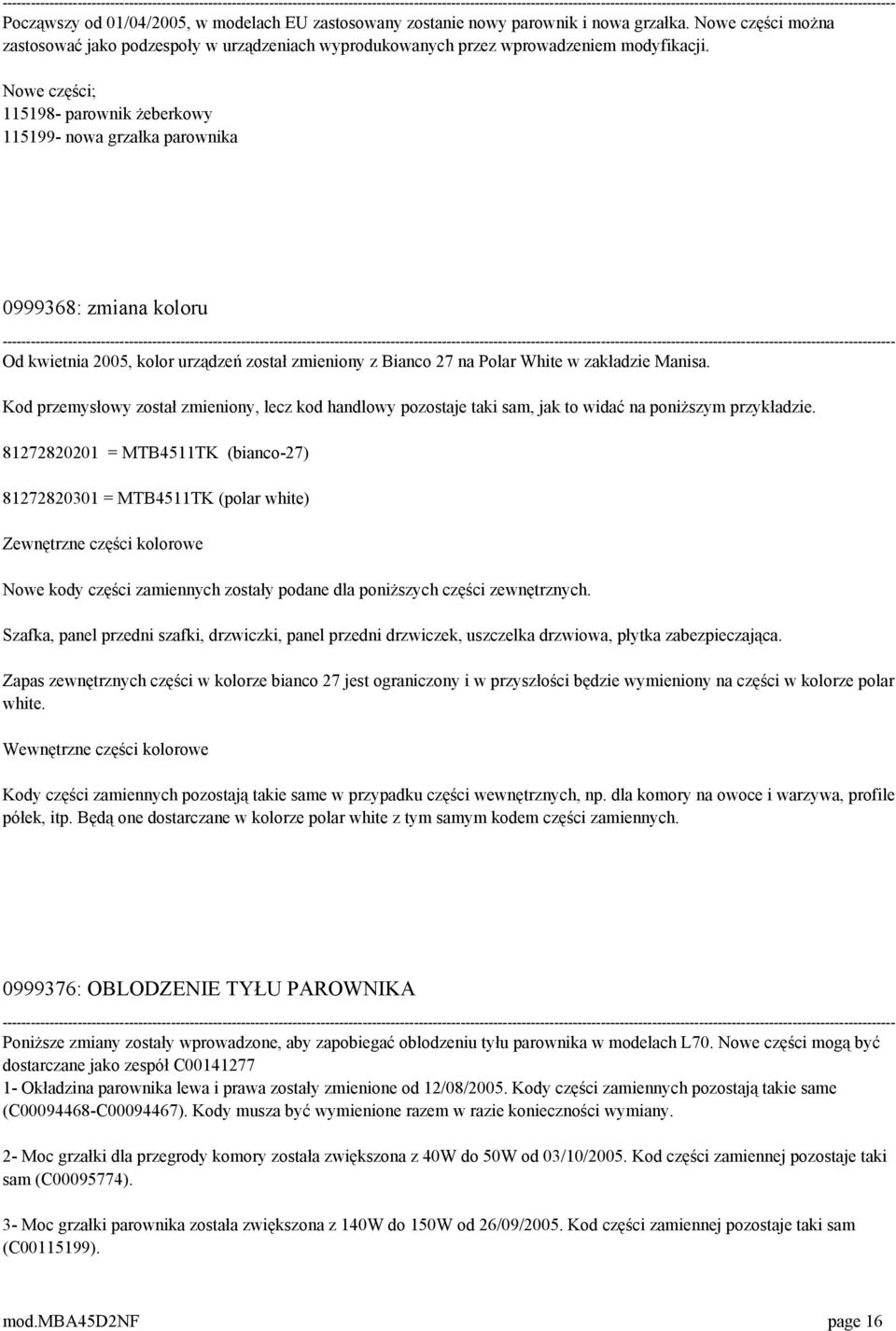 Nowe części; 115198- parownik żeberkowy 115199- nowa grzałka parownika 0999368: zmiana koloru  Od kwietnia 2005, kolor urządzeń został zmieniony z Bianco 27 na Polar White w zakładzie Manisa.