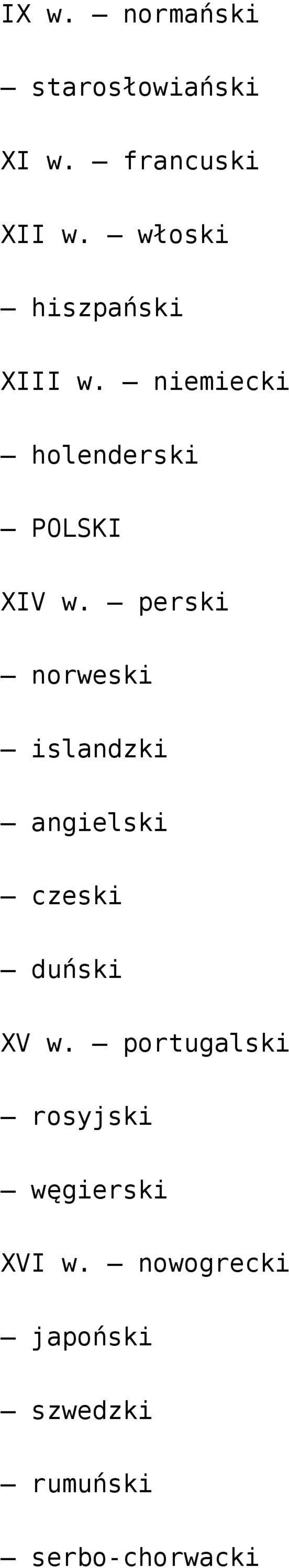 perski norweski islandzki angielski czeski duński XV w.