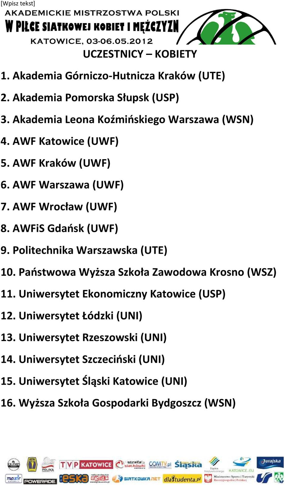 AWFiS Gdańsk (UWF) 9. Politechnika Warszawska (UTE) 10. Państwowa Wyższa Szkoła Zawodowa Krosno (WSZ) 11.