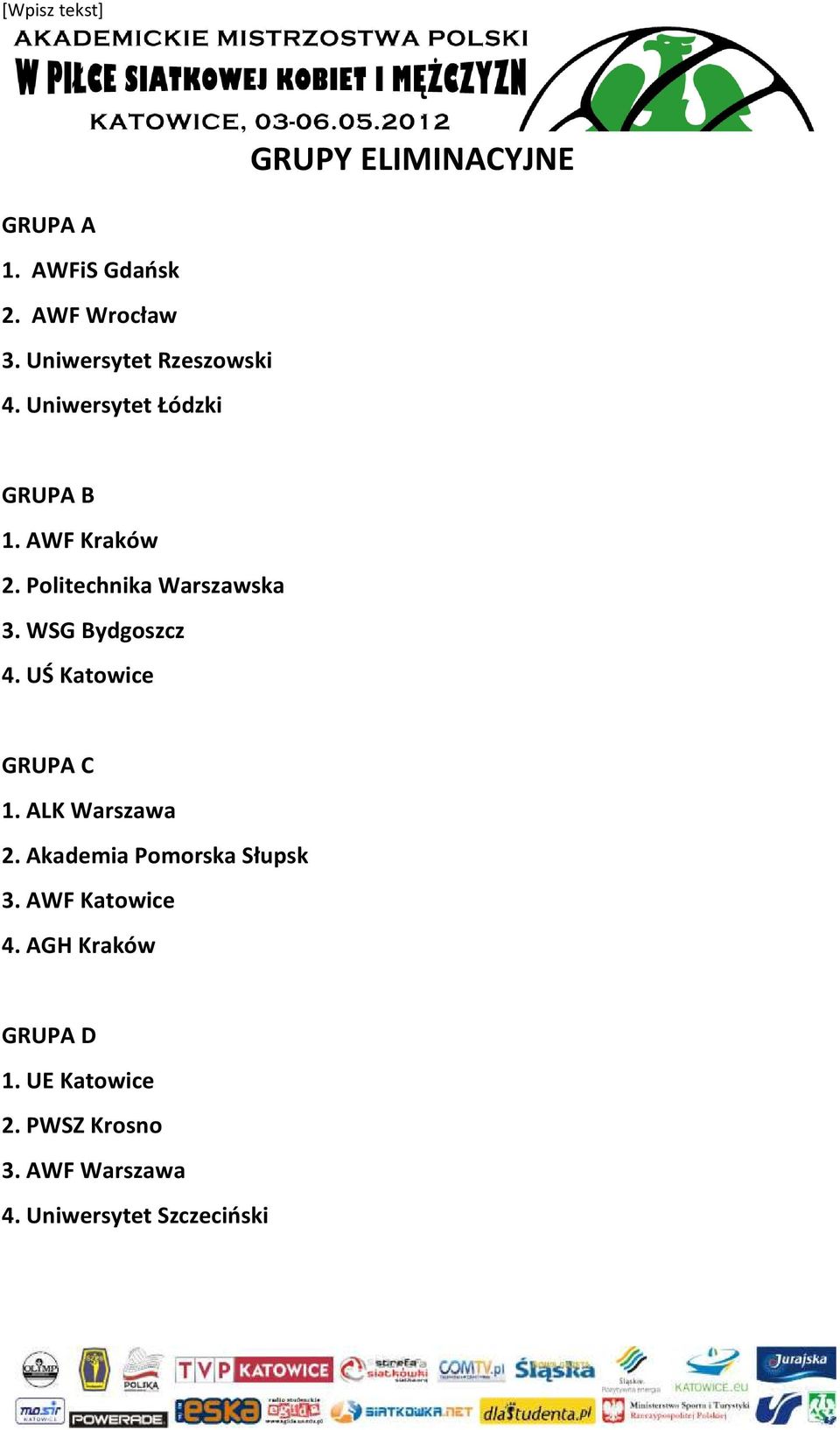 UŚ Katowice GRUPA C 1. ALK Warszawa 2. Akademia Pomorska Słupsk 3. AWF Katowice 4.