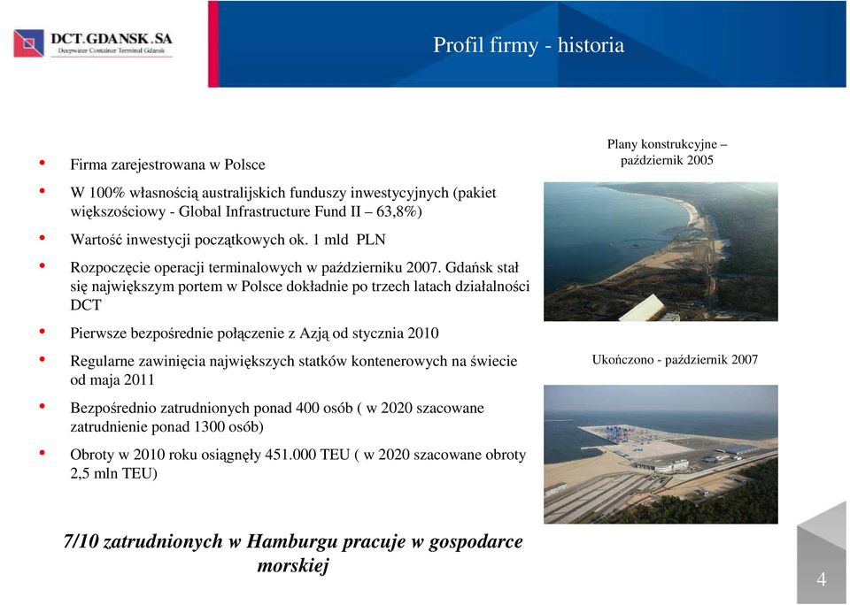 Gdańsk stał się największym portem w Polsce dokładnie po trzech latach działalności DCT Pierwsze bezpośrednie połączenie z Azją od stycznia 2010 Regularne zawinięcia największych statków