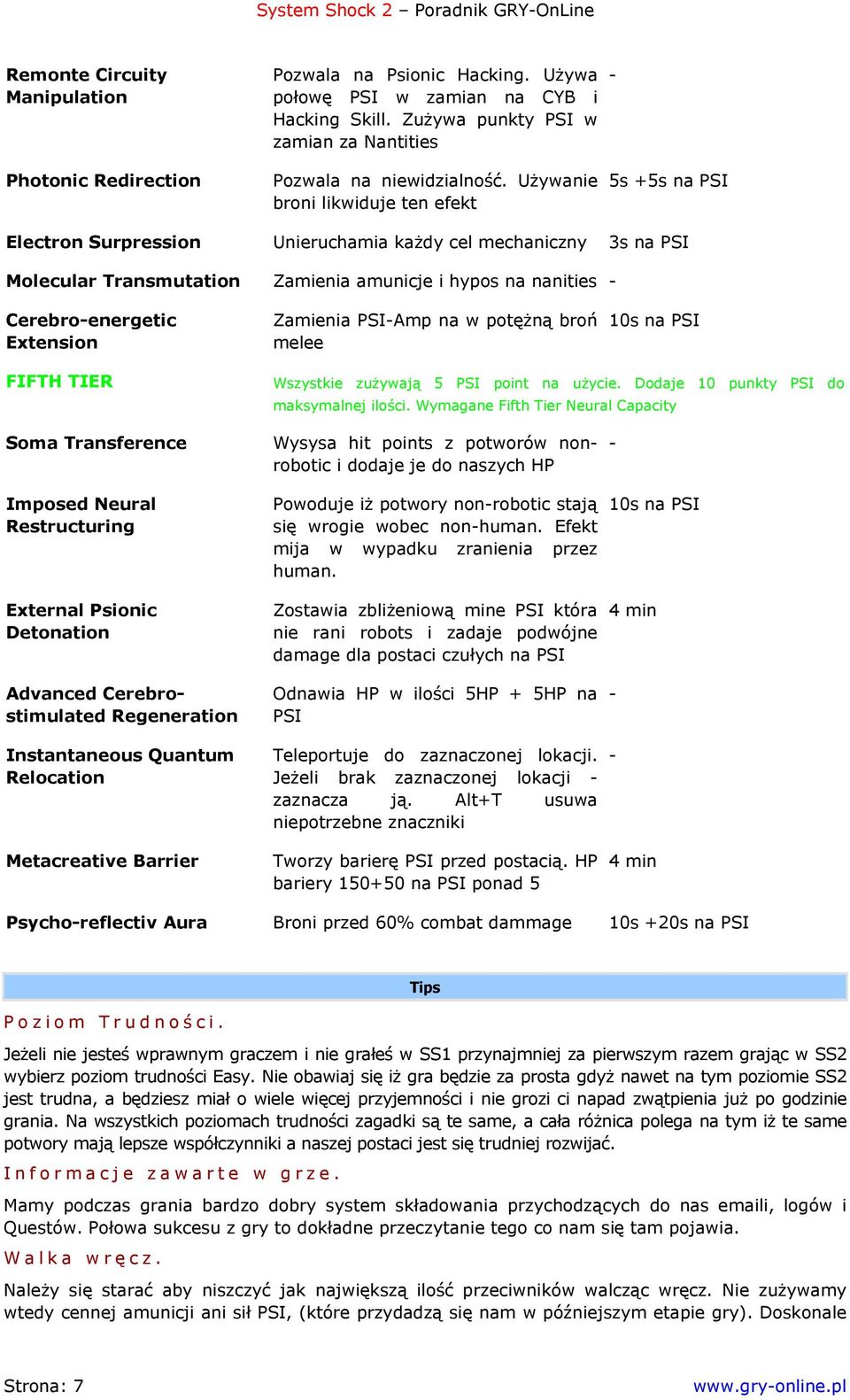 Używanie broni likwiduje ten efekt 5s +5s na PSI Electron Surpression Unieruchamia każdy cel mechaniczny 3s na PSI Molecular Transmutation Zamienia amunicje i hypos na nanities Cerebroenergetic