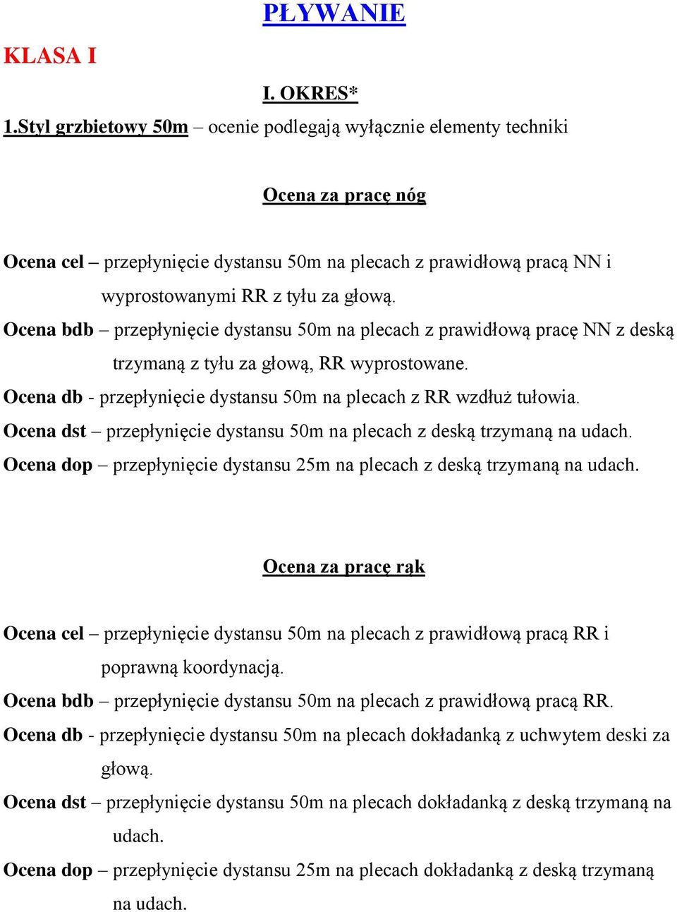 Ocena bdb przepłynięcie dystansu 50m na plecach z prawidłową pracę NN z deską trzymaną z tyłu za głową, RR wyprostowane. Ocena db - przepłynięcie dystansu 50m na plecach z RR wzdłuż tułowia.