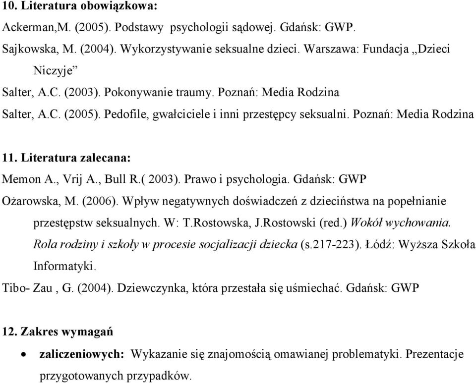 ( 2003). Prawo i psychologia. Gdańsk: GWP Ożarowska, M. (2006). Wpływ negatywnych doświadczeń z dzieciństwa na popełnianie przestępstw seksualnych. W: T.Rostowska, J.Rostowski (red.) Wokół wychowania.
