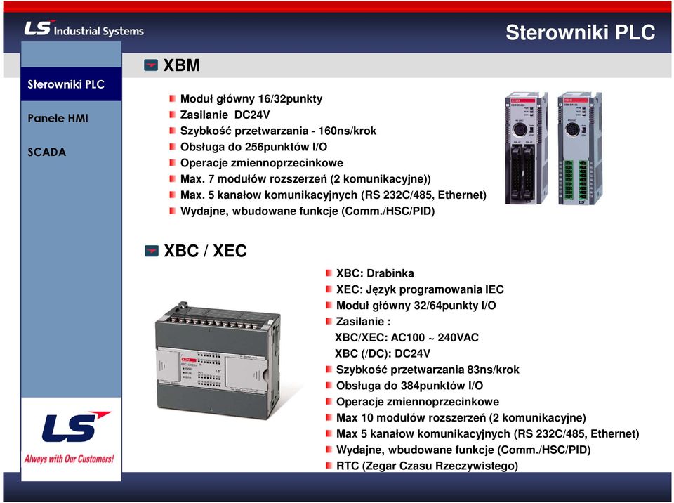 /HSC/PID) XBC / XEC XBC: Drabinka XEC: Język programowania IEC Moduł główny 32/64punkty I/O Zasilanie : XBC/XEC: AC100 ~ 240VAC XBC (/DC): DC24V Szybkość przetwarzania