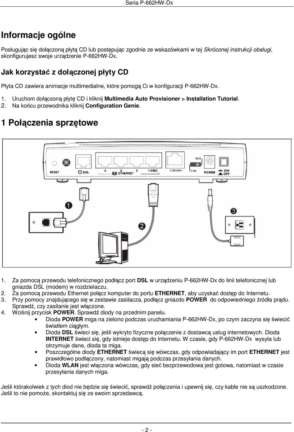 Uruchom dołączoną płytę CD i kliknij Multimedia Auto Provisioner > Installation Tutorial. 2. Na końcu przewodnika kliknij Configuration Genie. 1 Połączenia sprzętowe 1.