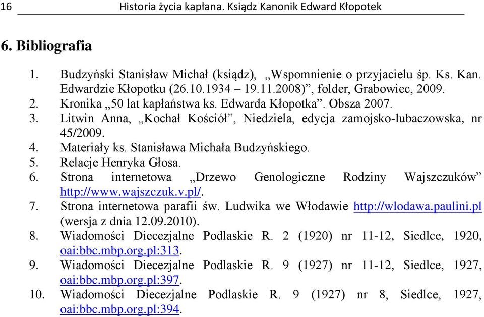 Stanisława Michała Budzyńskiego. 5. Relacje Henryka Głosa. 6. Strona internetowa Drzewo Genologiczne Rodziny Wajszczuków http://www.wajszczuk.v.pl/. 7. Strona internetowa parafii św.