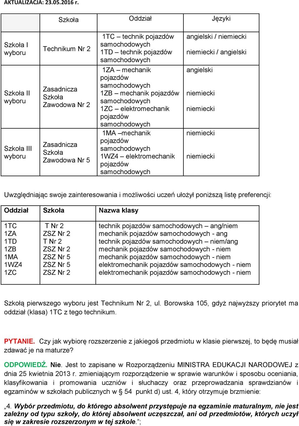 klasy 1TC 1ZA 1TD 1ZB 1MA 1WZ4 1ZC T Nr 2 T Nr 2 ZSZ Nr 5 ZSZ Nr 5 technik ang/niem mechanik - ang technik niem/ang mechanik - niem mechanik - niem elektromechanik - niem elektromechanik - niem