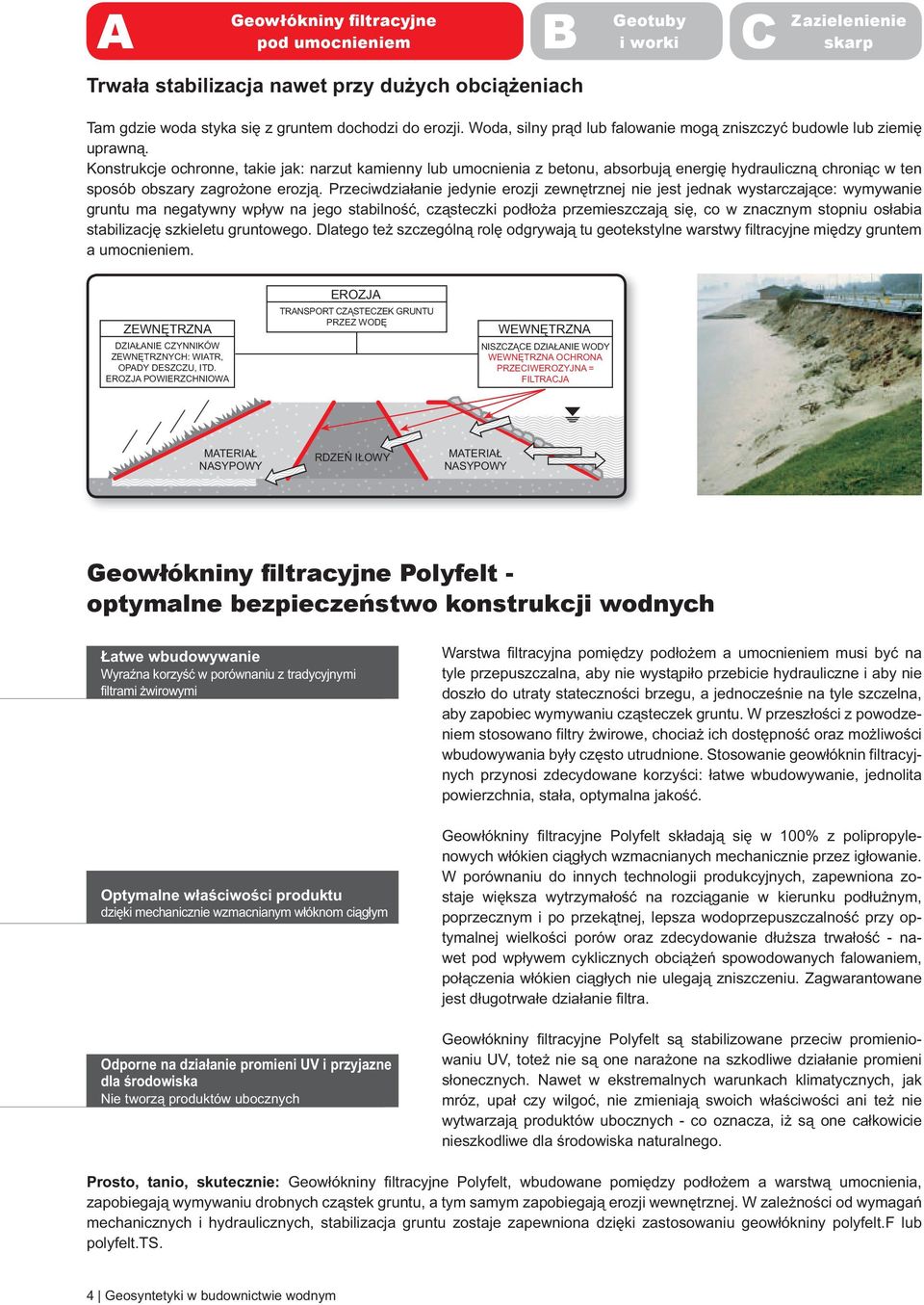 Konstrukcje ochronne, takie jak: narzut kamienny lub umocnienia z betonu, absorbują energię hydrauliczną chroniąc w ten sposób obszary zagrożone erozją.