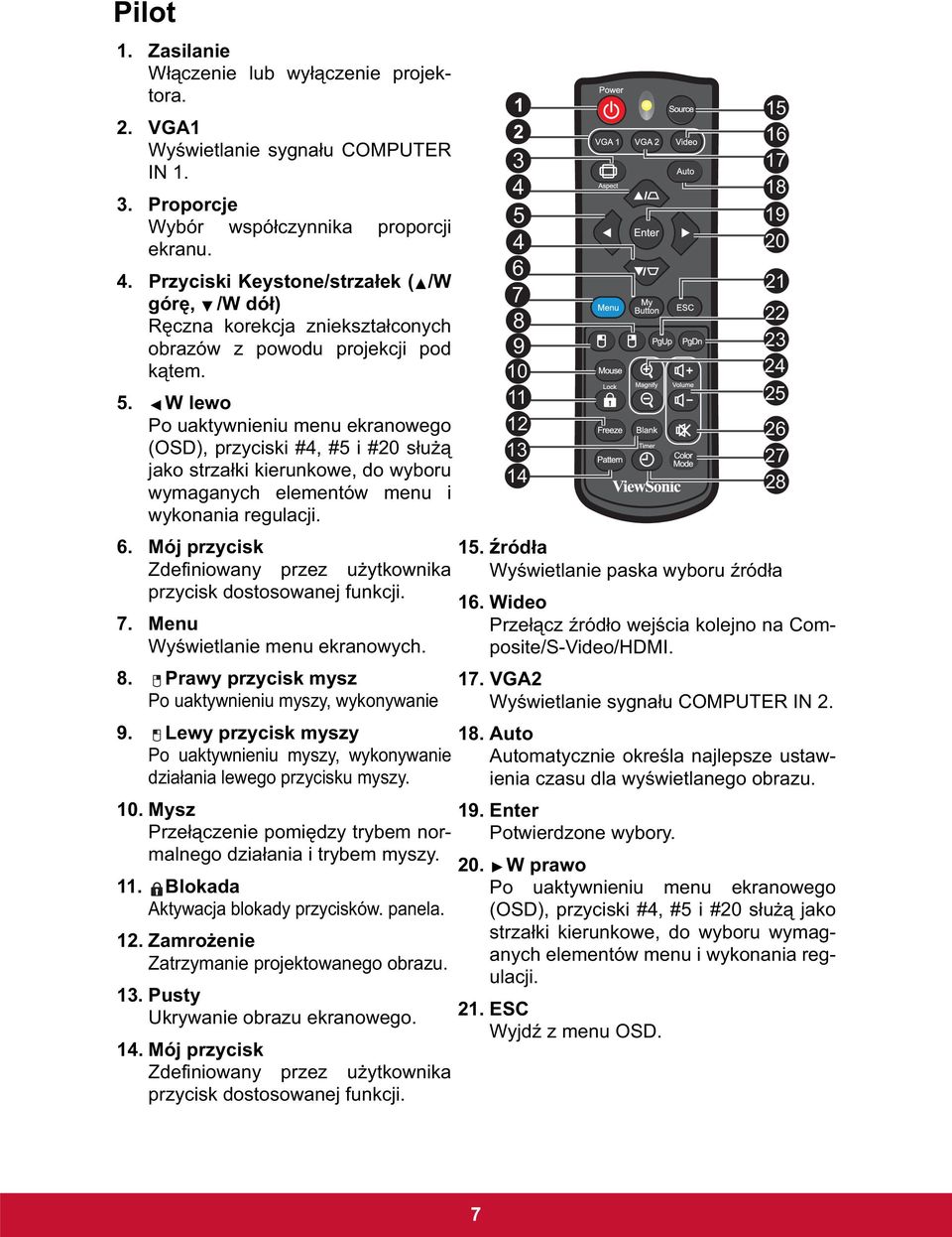 W lewo Po uaktywnieniu menu ekranowego (OSD), przyciski #4, #5 i #20 s u jako strza ki kierunkowe, do wyboru wymaganych elementów menu i wykonania regulacji. 6.