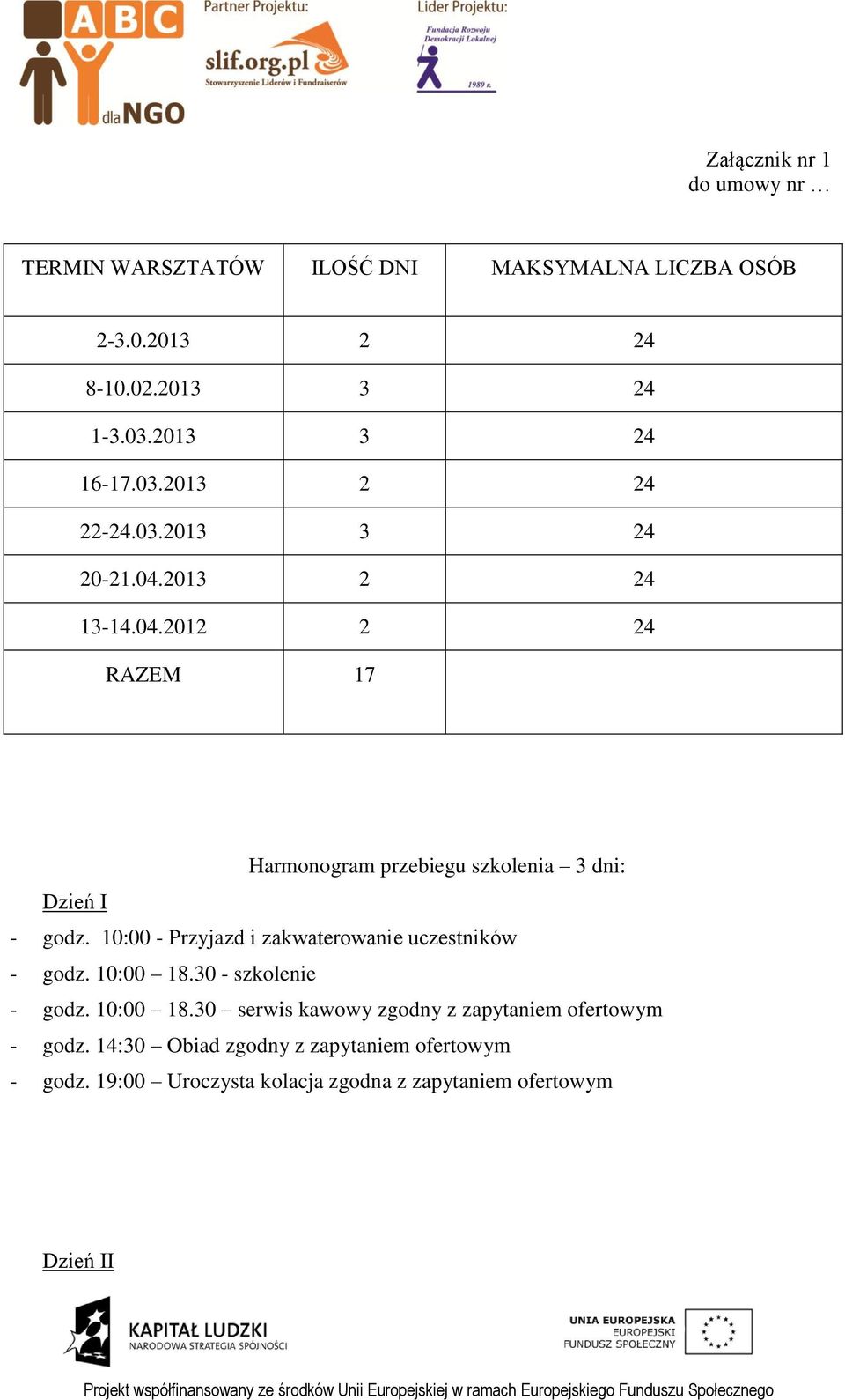 10:00 - Przyjazd i zakwaterowanie uczestników - godz. 10:00 18.30 - szkolenie - godz. 10:00 18.30 serwis kawowy zgodny z zapytaniem ofertowym - godz.