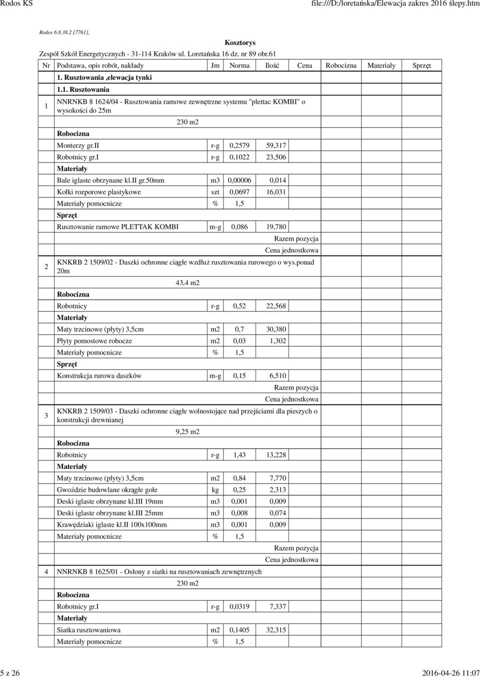 50mm m3 0,00006 0,014 Kołki rozporowe plastykowe szt 0,0697 16,031 pomocnicze % 1,5 Rusztowanie ramowe PLETTAK KOMBI m-g 0,086 19,780 KNKRB 2 1509/02 - Daszki ochronne ciągłe wzdłuż rusztowania