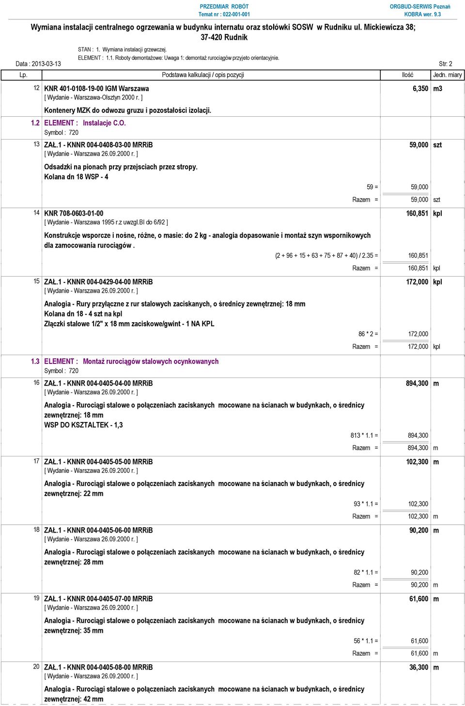 1 - KNNR 004-0408-03-00 MRRiB 59,000 szt Odsadzki na pionach przy przejsciach przez stropy.