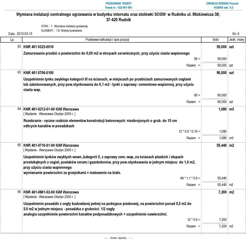 59,000 szt 63 KNR 401 0706-0100 90,000 szt Uzupełnienie tynku zwykłego kategorii III na ścianach, w miejscach po przebiciach zamurowanych cegłami lub zabetonowanych, przy pow.