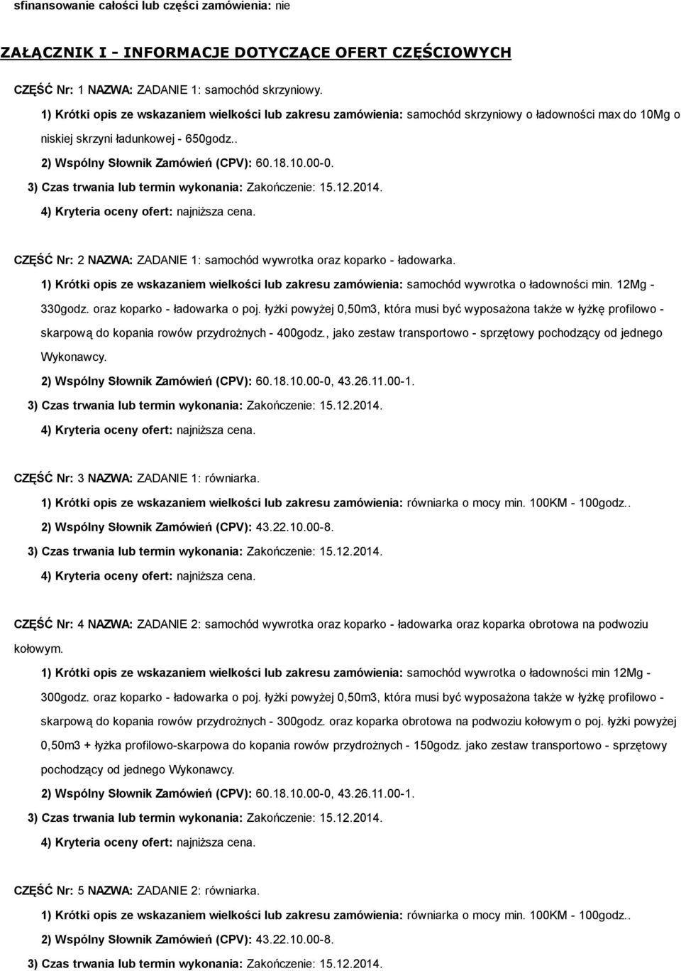 CZĘŚĆ Nr: 2 NAZWA: ZADANIE 1: samochód wywrotka oraz koparko - ładowarka. 1) Krótki opis ze wskazaniem wielkości lub zakresu zamówienia: samochód wywrotka o ładowności min. 12Mg - 330godz.