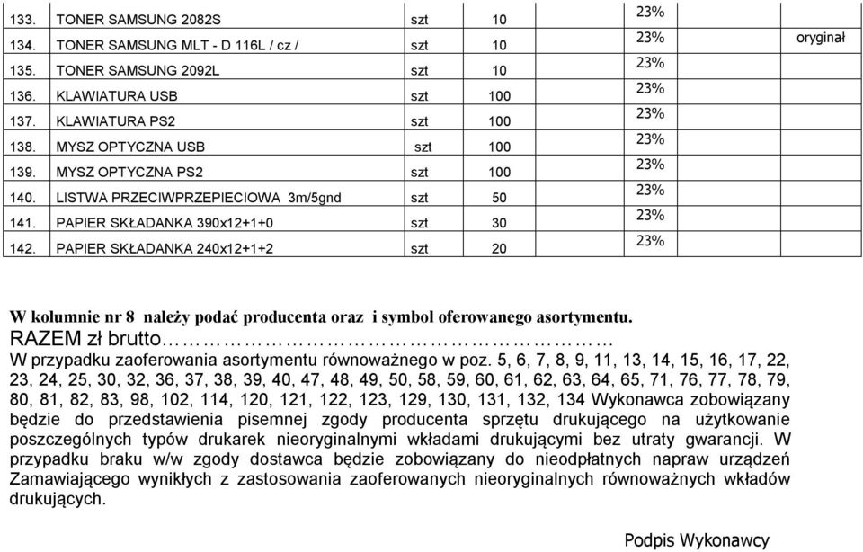 PAPIER SKŁADANKA 240x12+1+2 szt 20 oryginał W kolumnie nr 8 należy podać producenta oraz i symbol oferowanego asortymentu. RAZEM zł brutto W przypadku zaoferowania asortymentu równoważnego w poz.