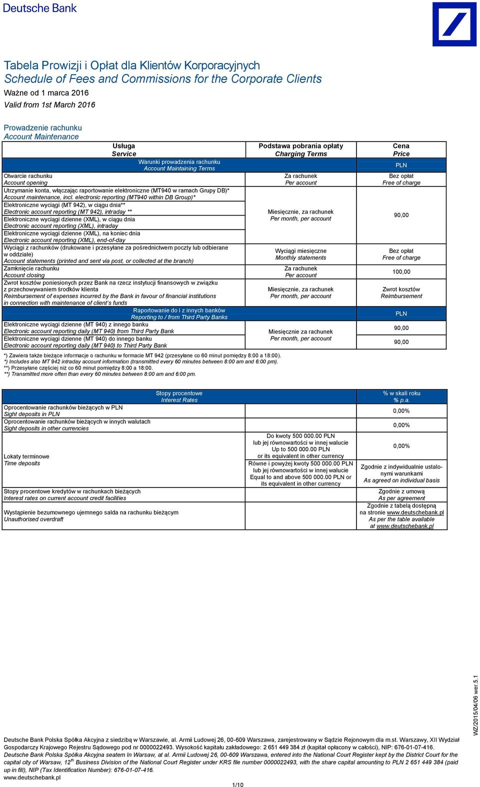 1 Tabela Prowizji i Opłat dla Klientów Korporacyjnych Schedule of Fees and Commissions for the Corporate Clients Ważne od 1 marca 2016 Valid from 1st March 2016 Prowadzenie rachunku Account