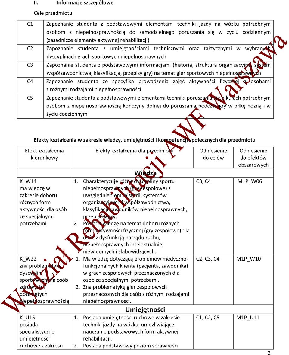(zasadnicze elementy aktywnej rehabilitacji) Zapoznanie studenta z umiejętnościami technicznymi oraz taktycznymi w wybranych dyscyplinach grach sportowych niepełnosprawnych Zapoznanie studenta z