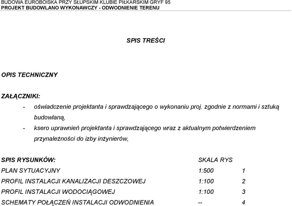 potwierdzeniem przynależności do izby inżynierów, SPIS RYSUNKÓW: SKALA RYS PLAN SYTUACYJNY 1:500 1 PROFIL