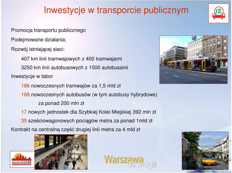 za 1,5 mld z 168 nowoczesnych autobusów (w tym autobusy hybrydowe) za ponad 200 mln z 17 nowych jednostek dla Szybkiej Kolei