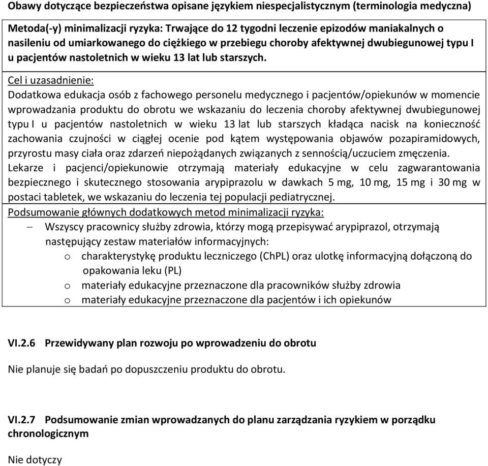 Cel i uzasadnienie: Dodatkowa edukacja osób z fachowego personelu medycznego i pacjentów/opiekunów w momencie wprowadzania produktu do obrotu we wskazaniu do leczenia choroby afektywnej dwubiegunowej