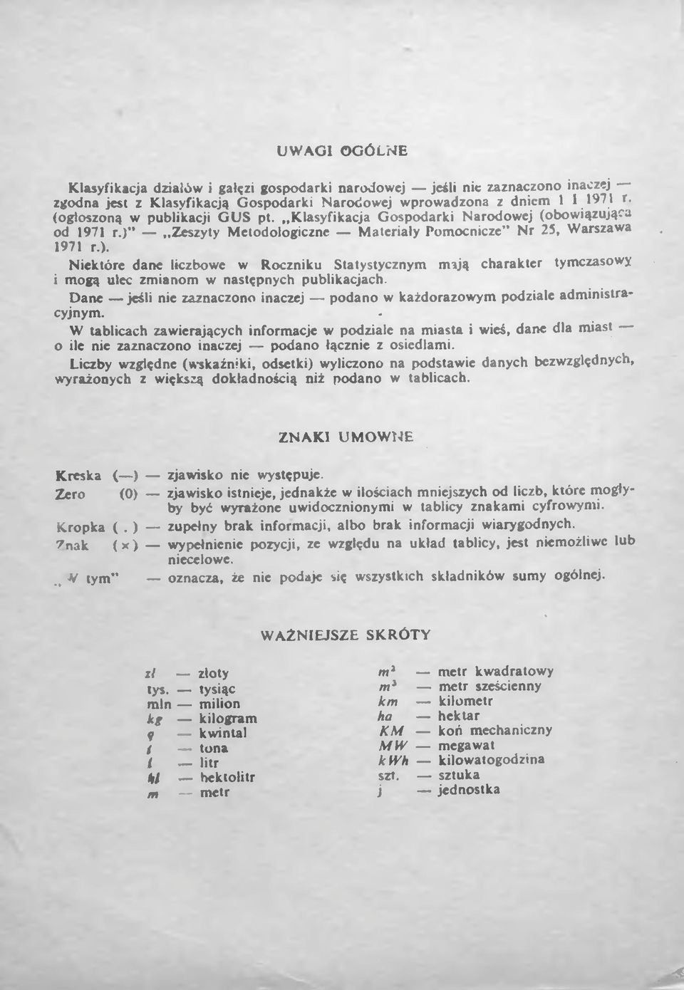 Zeszyty Metodologiczne Materiały Pomocnicze Nr 25, Warszawa 1971 r.). Niektóre dane liczbowe w Roczniku Statystycznym mają charakter tymczasowy i mogą ulec zmianom w następnych publikacjach.